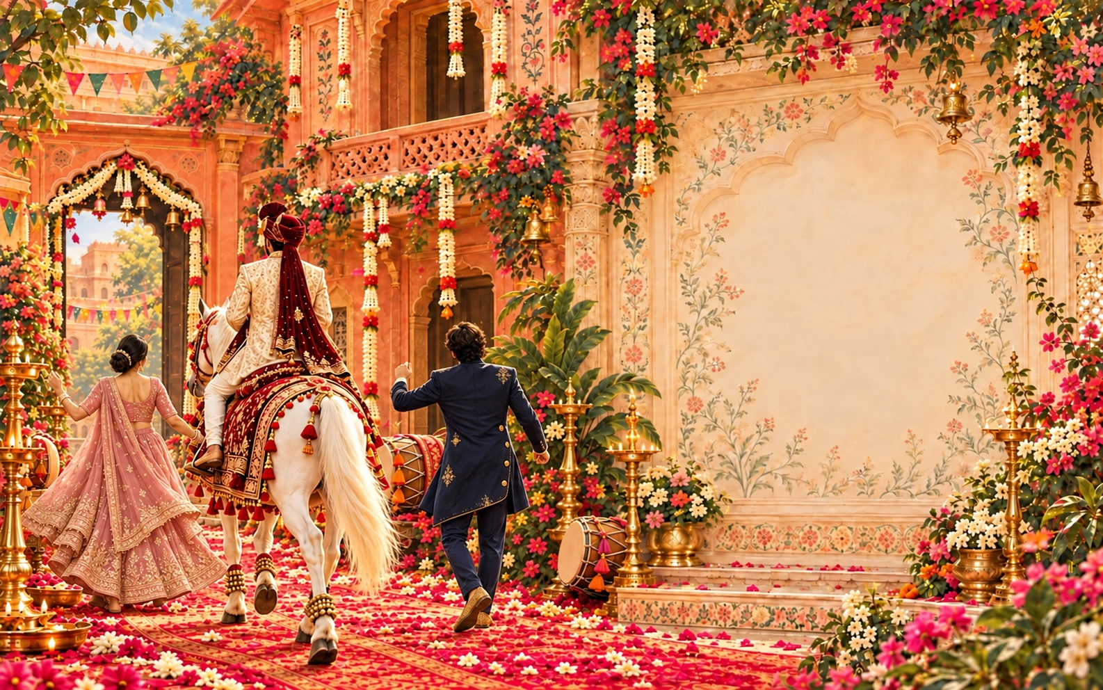 Pranav riding a decorated white ghodi toward the palace, with a woman in a rose lehenga and a man in a navy Indo-Western outfit dancing beside him, all three people seen from behind
