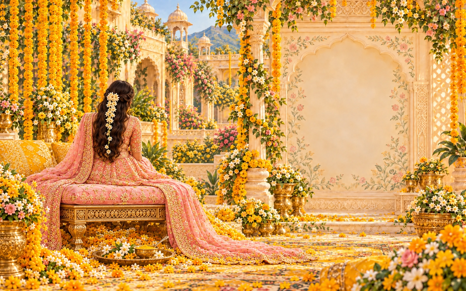 Tanya alone, seen from behind on a complete ceremonial seat, with a small brass bowl of chandan haldi paste in a flower-decorated palace courtyard