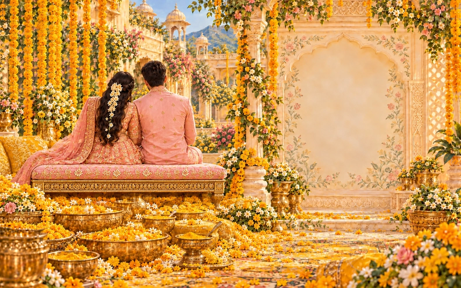 Tanya and Pranav in pink, seated from behind on one continuous carved bench in a marigold courtyard; Pranav wears a pink kurta without a dupatta