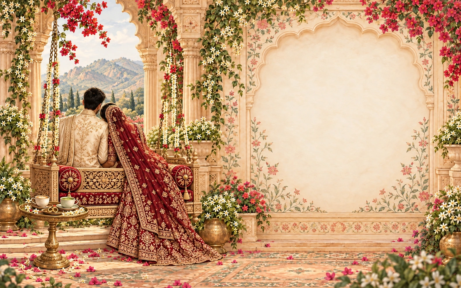 Tanya and Pranav seen from behind together on a palace garden swing, framed by jasmine, Rajasthan stonework, coffee and matcha