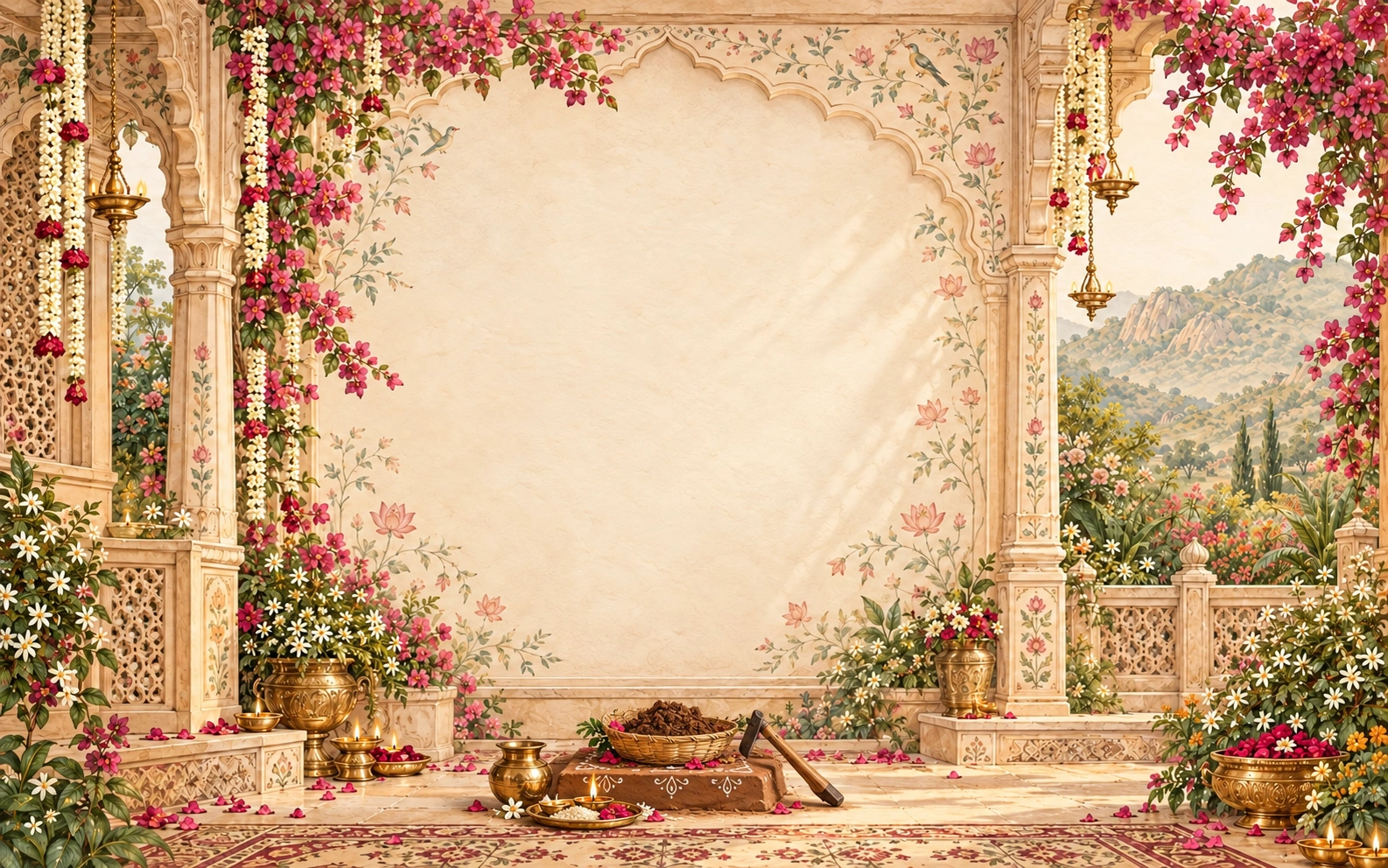 A small earthen Matkod ritual base with a basket of soil, a traditional hand tool, a brass pot and a puja thali in a quiet floral palace courtyard