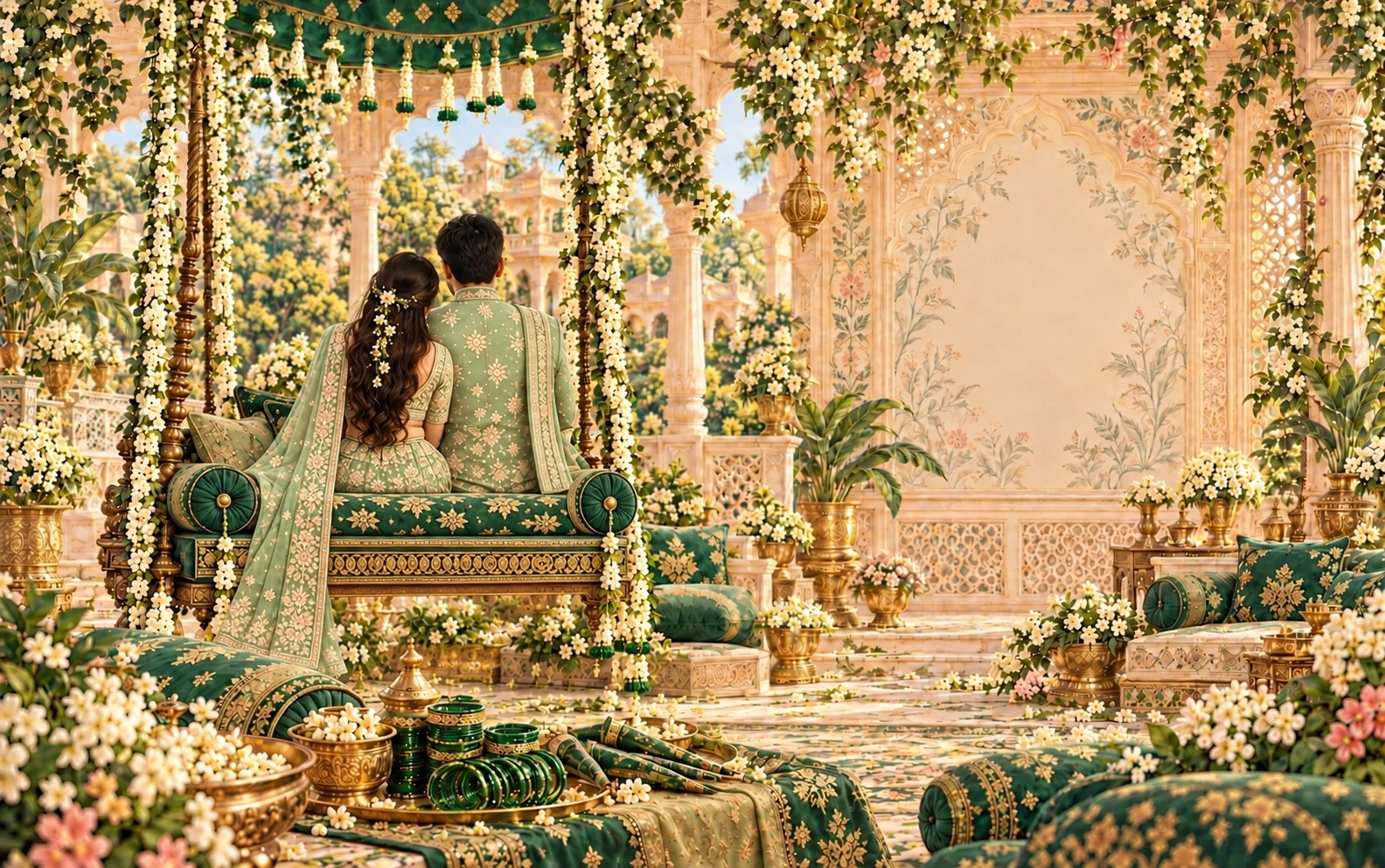 Tanya and Pranav seated facing away on an emerald garden swing in light green outfits; Tanya’s lehenga is gathered at the cushion, with one shoulder dupatta spilling over the left seat edge