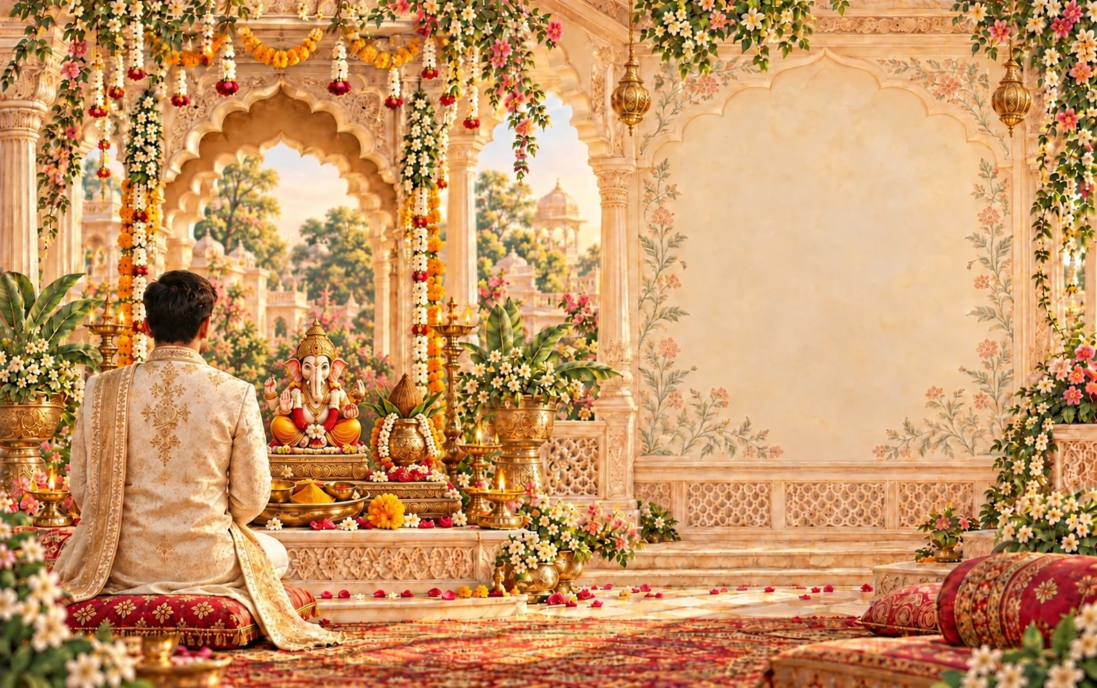Pranav seen from behind during Ganesh Puja, with Ganesh ji seated in the centre of the altar and a smaller kalash to his right, beside diyas, haldi and ghee offerings