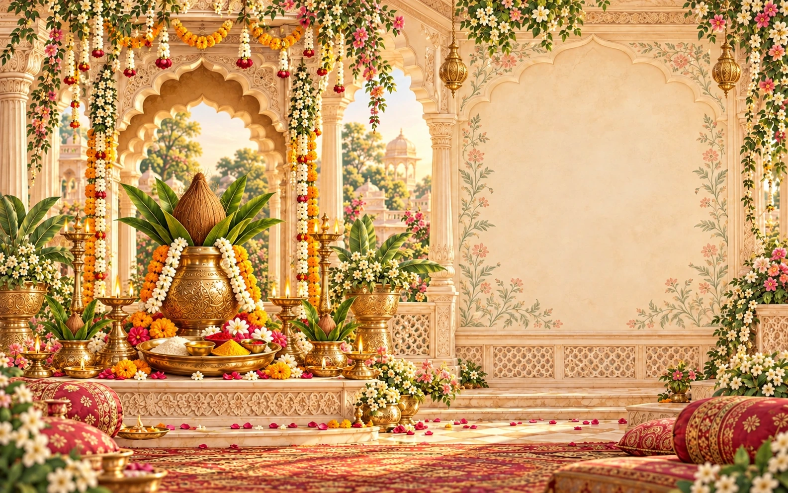 A traditional puja arrangement with a kalash, diyas and a ritual thali in an ivory palace setting, without people