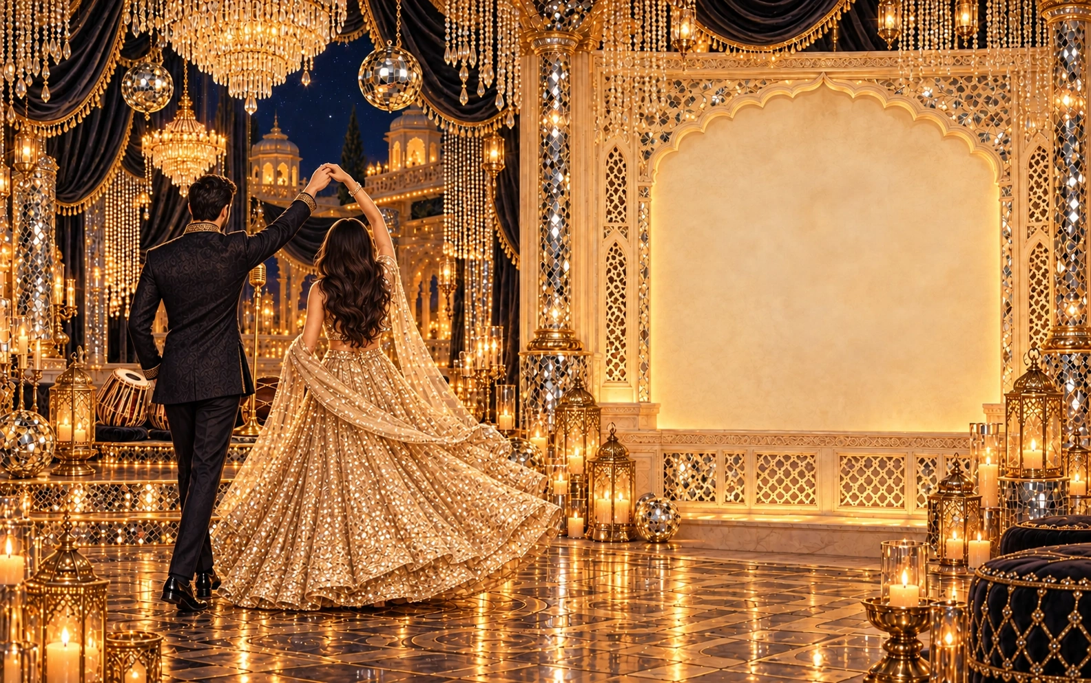 Tanya in a shimmering gown-style lehenga and Pranav in near-black Indo-Western attire, dancing from a rear view amid crystal chandeliers and gold mirrorwork