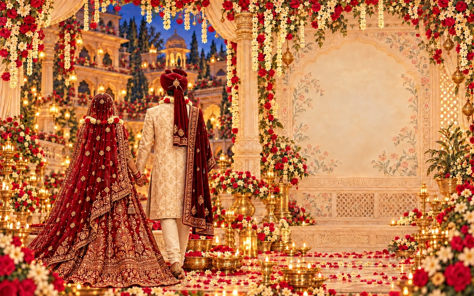 Tanya beneath a smooth burgundy chunni and Pranav in ivory, both wearing red and ivory flower varmalas around their necks and shoulders, seen from behind before the wedding pavilion